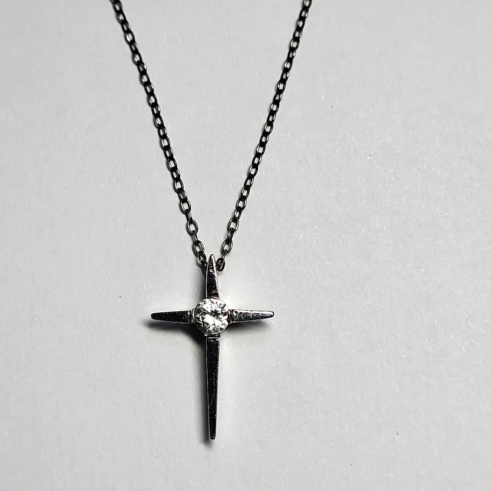 Vintage Sterling Silver Cross Pendant Necklace With Cubic Zirconia Accent Stone